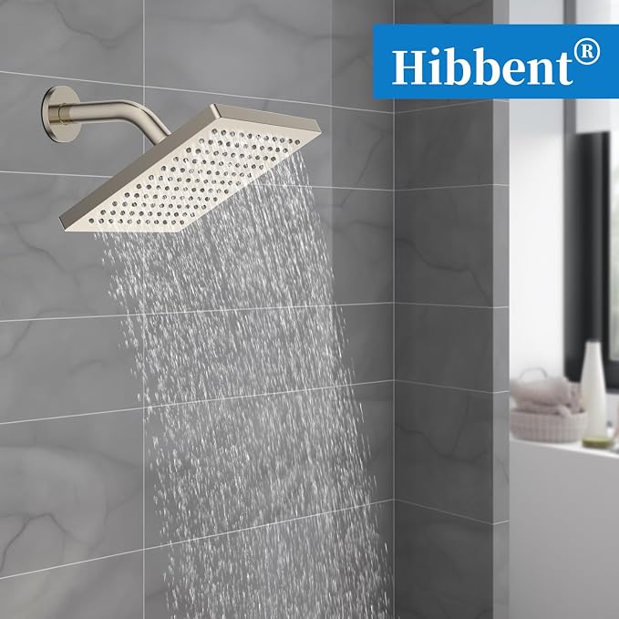 Hibbent cUPC Certified Thickness Metal 8'' Rain Shower Head, Brushed Nickel | High Pressure Shower Head, Bathroom Waterfall Shower Heads, High Flow Fixed Showerheads with Adjustable Brass Ball Joint
