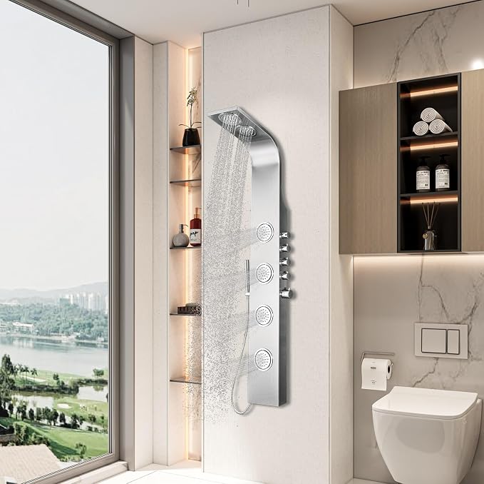Blue Ocean 63" Stainless Steel SPS8863 Thermostatic Shower Panel Tower System vwith Rainfall Shower Head, Body Nozzles, and Handheld Shower Head, Shower Column