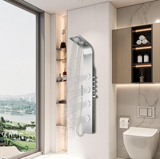 Blue Ocean 63" Stainless Steel SPS8863 Thermostatic Shower Panel Tower System vwith Rainfall Shower Head, Body Nozzles, and Handheld Shower Head, Shower Column