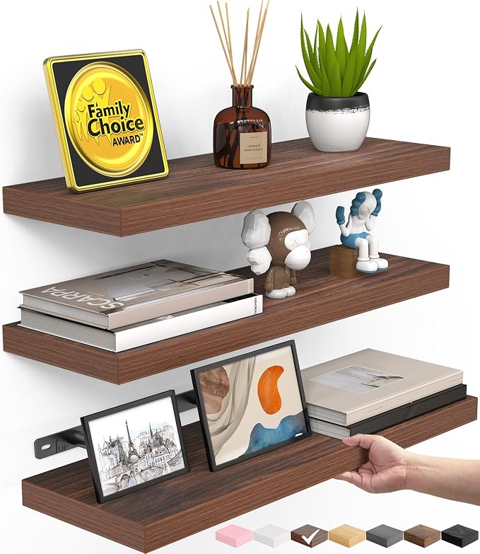 BAYKA Walnut-Like Floating Shelves 15.7in, 3 Pack, Wall Mounted Wall Decor | Easy Install, 22lbs Max Load, Hidden Bracket, Shelving for Bathroom Bedroom Kitchen Display Storage, Multi-Wall Compatible
