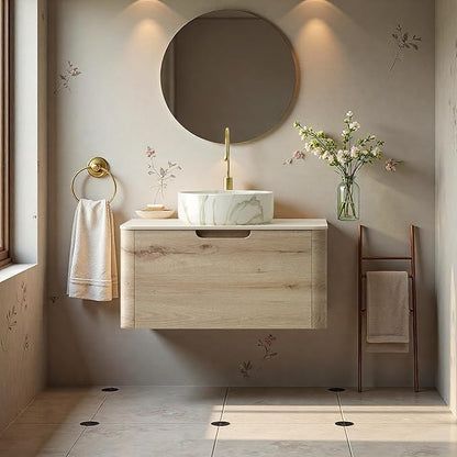 Bathroom Vanity with Sink, 30" Wall-Mounted Bathroom Storage Cabinet with Round Ceramic Basin & Soft-Close Undermount Drawer, Modern Pre-assembled Floating Vanity with Curved Design, White Oak