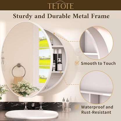 TETOTE 24 x 24 Inch Medicine Cabinet Mirror White Framed Round Mirrored Medicine Cabinets for Bathroom Adjustable Shelves Modern Bathroom Mirror with Storage Wall Mounted