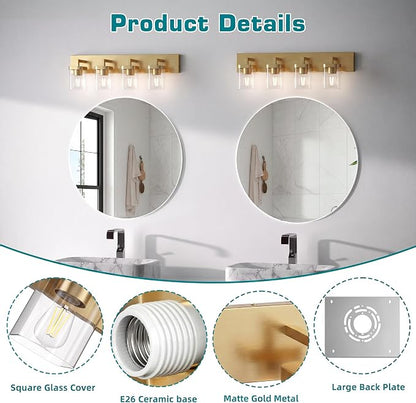 Bathroom Lighting Fixtures Over Mirror, Square Design & Rectangle Large Backplate, 4 Lights Modern Vanity Lighting Fixtures, Bathroom Light Fixtures for Bathroom/Living Room/Bedroom, Gold