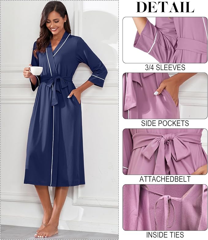 PrinStory Robes for Women 3/4 Sleeve Long Bath Robe XS-4XL | V-Neck Knit Bathrobe with Pockets, Lightweight, Soft, Breathable Robes for Shower, Spa, Travel, Home, Party, Nursing