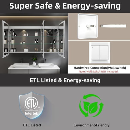 Medicine Cabinet with LED Lights and Mirror, 60 x 32 Inch Surface or Recessed Mounted Bathroom Cabinets with Door, Defogger, Memory Function, 3-Color Mode, Outlet&USB, Dimmer, Storage