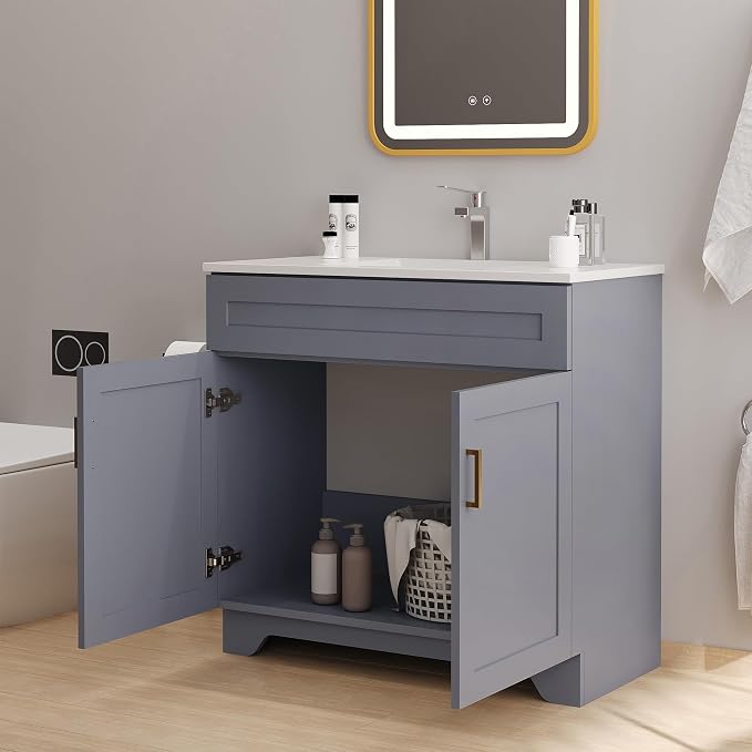36 Inch Bathroom Vanity, Wooden Double Door Bathroom Storage Cabinet, Freestanding Modern Sink Cabinet Vanity Without Sink (Grey No Sink, 36")