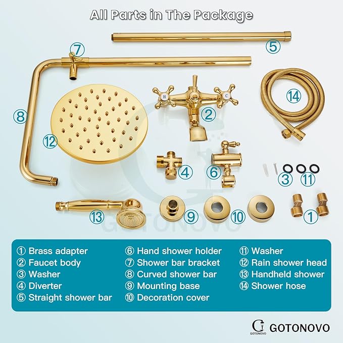 gotonovo Exposed Shower Faucet Set 8 Inch Rainfall Showerhead 3-Function Shower Fixture with Tub Spout 2 Corss Handles Shower System, Polish Gold