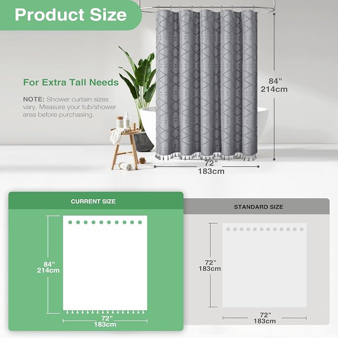 Extra Long Boho Fabric Shower Curtain Tufted Geometric 72x84 Grey | 84 Inch Tall, Elegant Tassel, Lightweight Textured Fabric, Water Repellent, Washable, Hotel Spa, for Bathroom/Dorm 12 Hooks