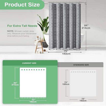 Extra Long Boho Fabric Shower Curtain Tufted Geometric 72x84 Grey | 84 Inch Tall, Elegant Tassel, Lightweight Textured Fabric, Water Repellent, Washable, Hotel Spa, for Bathroom/Dorm 12 Hooks