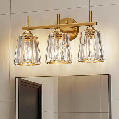 Crystal Bathroom Light Fixtures Over Mirror, Gold 3-Light Bathroom Vanity Lights Over Mirror Modern Wall Lighting Sconces with Ceramic E26 Base (Bulbs Not Include)