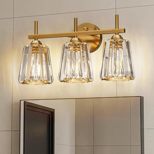 Crystal Bathroom Light Fixtures Over Mirror, Gold 3-Light Bathroom Vanity Lights Over Mirror Modern Wall Lighting Sconces with Ceramic E26 Base (Bulbs Not Include)