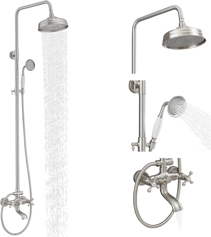 Homevacious Brushed Nickel Brass Outdoor Shower Kit Exposed Shower | 8 Inch High Pressure Rain Shower Head with Hand Spray Bathroom Shower Faucet System Double Knobs Cross Handle 3-Function