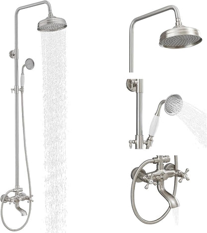 Homevacious Brushed Nickel Brass Outdoor Shower Kit Exposed Shower | 8 Inch High Pressure Rain Shower Head with Hand Spray Bathroom Shower Faucet System Double Knobs Cross Handle 3-Function
