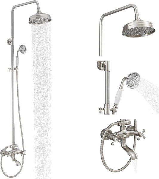 Homevacious Brushed Nickel Brass Outdoor Shower Kit Exposed Shower | 8 Inch High Pressure Rain Shower Head with Hand Spray Bathroom Shower Faucet System Double Knobs Cross Handle 3-Function