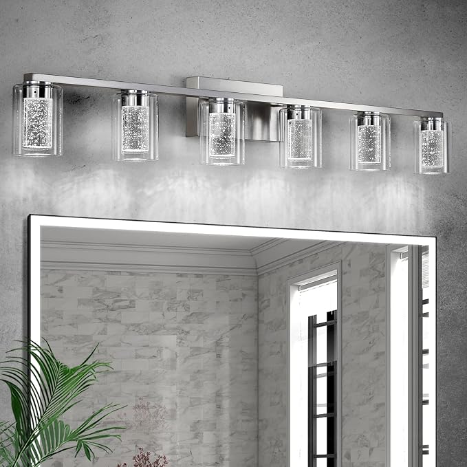 Brushed Nickel 6-Light Vanity Fixtures, Crystal Bubble Glass LED Sconces - Dimmable 3-Color (White/Neutral/Warm) for Bathroom, Hallway, Living Room