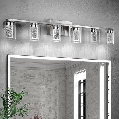 Brushed Nickel 6-Light Vanity Fixtures, Crystal Bubble Glass LED Sconces - Dimmable 3-Color (White/Neutral/Warm) for Bathroom, Hallway, Living Room