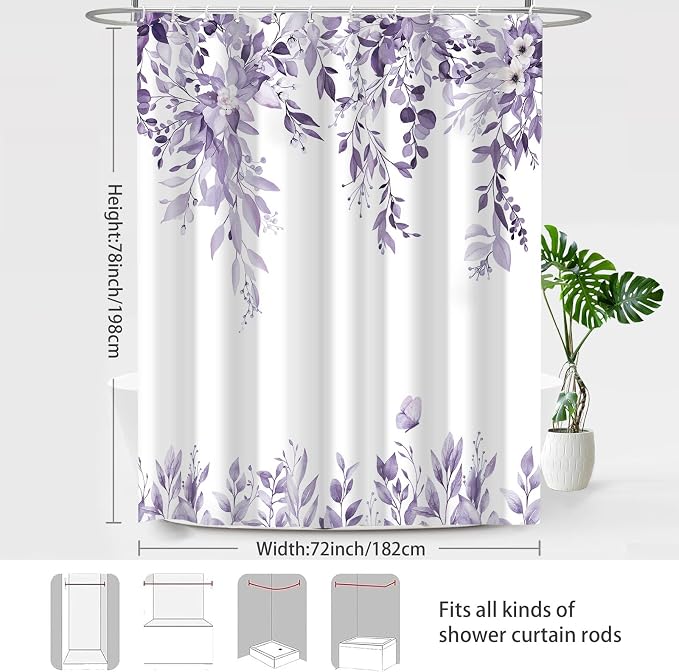 Light Purple Floral Eucalyptus Shower Curtain with Hooks, 72x78 Inch
