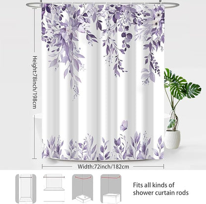 Light Purple Floral Eucalyptus Shower Curtain with Hooks, 72x78 Inch