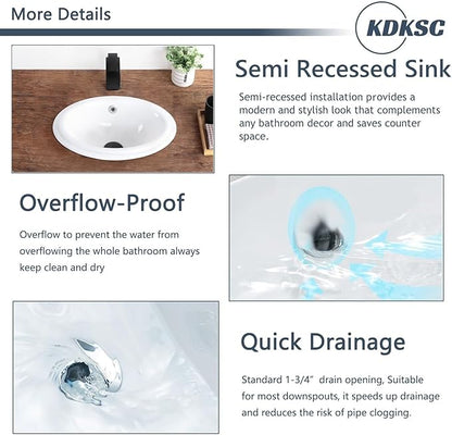 Bathroom Vessel Sink 16'' x 12'' Semi Recessed Bathroom Sink Oval Drop In Sink with Overflow White Ceramic Modern Vessel Sinks for Bathroom