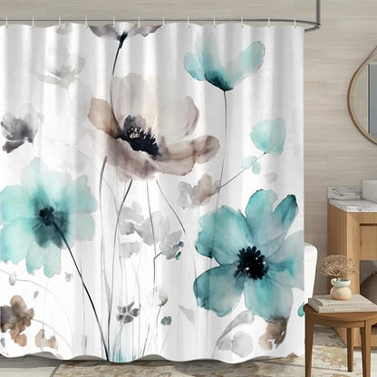 Sanzugh Boho Floral Shower Curtain, Cream Tan Beige Teal Grey White Flower Farmhouse Fabric Shower Curtains Set for Bathroom Decorative with Hooks 72 X 72 inch Spring Bath Decor