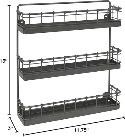Spectrum 3 Tier Hanging Spice Rack for Wall Black Steel Kitchen Spice Organizer, Wall Mounted Metal Three Tier Metal Spice Organizer Rack for Kitchen Cabinet Pantry Organization