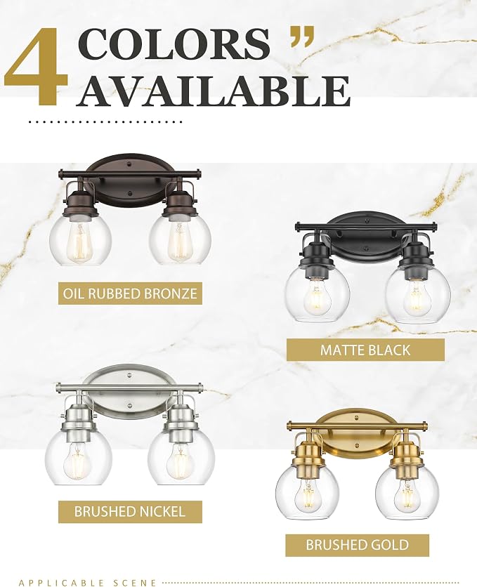 Black Bathroom Light Fixtures, 2-Light 14" Vanity Lights with Clear Globe Glass Shades, Farmhouse Vintage Vanity Lighting Fixtures Over Mirror, E26 Base, AD-2147-2W-BK