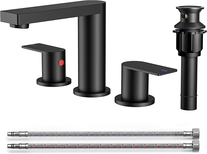FORIOUS Matte Black Bathroom Faucets 3 Hole, 8 Inch Widespread Bathroom Sink Faucet with Pop-up Drain and Cupc Supply Lines, 2-Handle for Vanity, Hotel Restroom