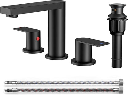 FORIOUS Matte Black Bathroom Faucets 3 Hole, 8 Inch Widespread Bathroom Sink Faucet with Pop-up Drain and Cupc Supply Lines, 2-Handle for Vanity, Hotel Restroom