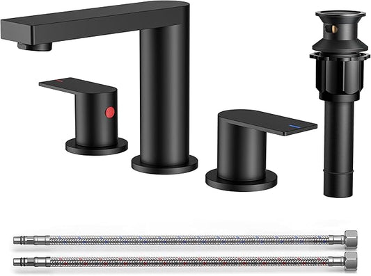 FORIOUS Matte Black Bathroom Faucets 3 Hole, 8 Inch Widespread Bathroom Sink Faucet with Pop-up Drain and Cupc Supply Lines, 2-Handle for Vanity, Hotel Restroom