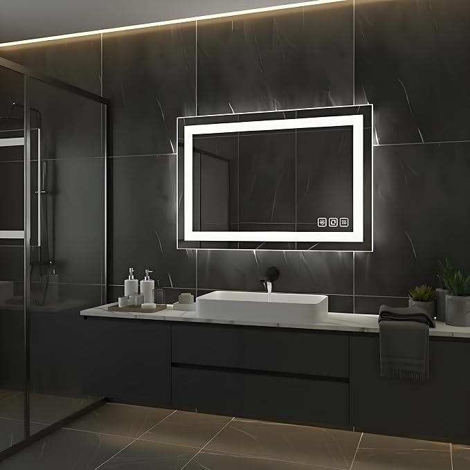 36x28inches Rectangle LED Mirror, Smart Bathroom Mirror with Lights, Anti-Fog, Tempered Glass, 3 Colors Dimmable, Front and Backlit, CRI 90+, Wall Mounted, Memory
