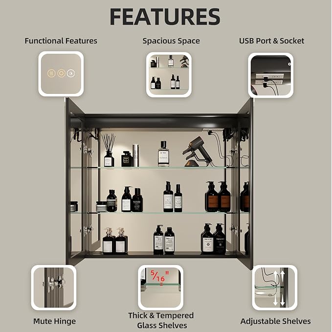 Buruis 40 x 32 Inch Medicine Cabinet with LED Lights and Mirror, Recessed/Wall Mounted Bathroom Cabinet, 3-Color Light, Defogger, Memory Function, Outlet & USB, Dimmer, Black