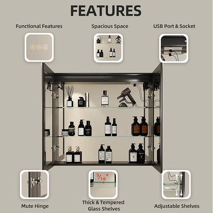 Buruis 40 x 32 Inch Medicine Cabinet with LED Lights and Mirror, Recessed/Wall Mounted Bathroom Cabinet, 3-Color Light, Defogger, Memory Function, Outlet & USB, Dimmer, Black