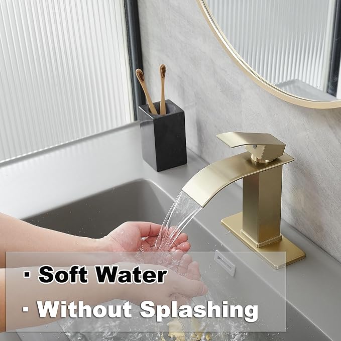 Gold Waterfall Bathroom Faucet Single Hole Single Handle | SUS 304 Stainless Steel,with Pop Up Drain Assembly & Deck Plate,Lavatory Rv Vanity Mixer Tap,3/8" Supply Hoses,Deck Mount