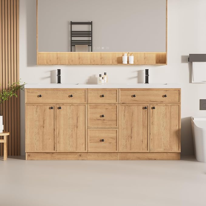 LUCKWIND 72" Bathroom Vanity Sink Combo, Modern Bathroom Cabinet with Double Undermount Solid Surface Vanity Sink, Soft-Close Hinges & Water-Saving Faucet, Natural