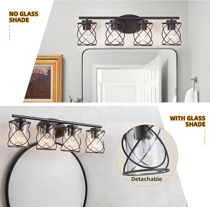 Bathroom Vanity Light Fixtures Over Mirror, 4 Lights Bathroom Vanity Lights, Matte Black Vanity Light, Modern Bathroom Lights with Cage Shade, Bathroom Wall Lamp for Mirror Kitchen Bedroom