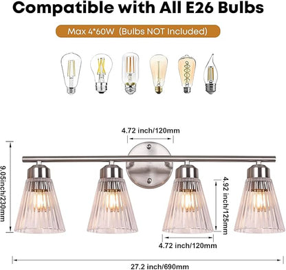 4-Light Bathroom Vanity Light, Brushed Nickel Bathroom Light Fixtures Over Mirror with Stripe Glass, Modern Wall Lamp, Wall Sconces Lighting for Living Room Bedroom Kitchen Hallway