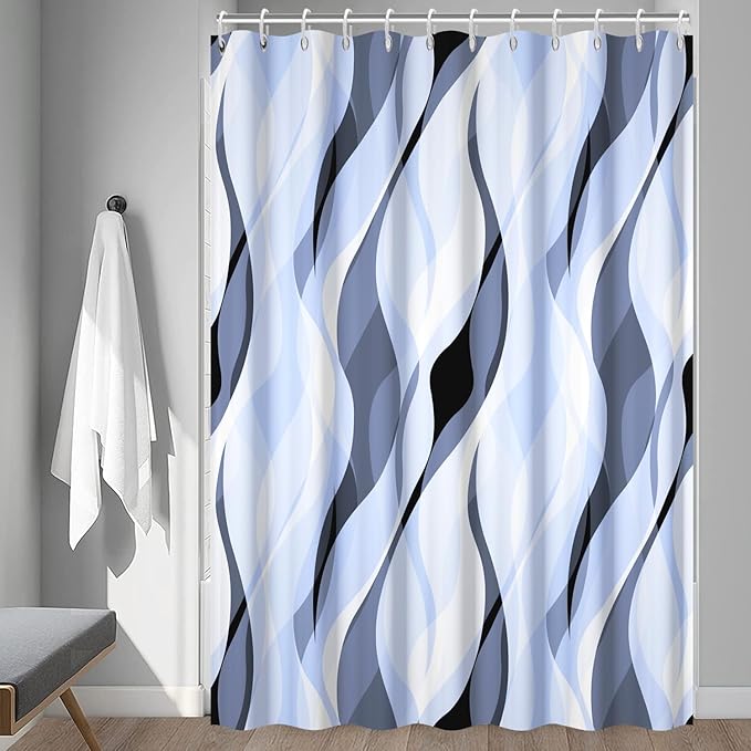 Light Blue Shower Curtain, Modern Abstract Blue and Grey Striped Shower Curtain Set for Bathroom Waterproof Polyester Shower Curtain with Hooks, 72x96 Inch