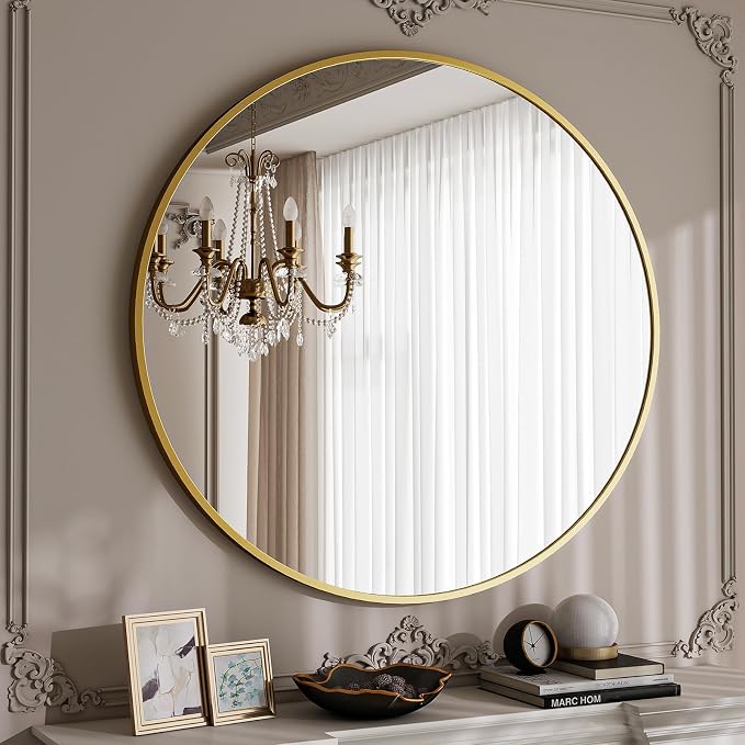 BEAUTYPEAK 40 Inch Round Mirror, Metal Frame Circle Mirror, Gold | Wall Mounted for Entryway, Bathroom, Vanity, Living Room