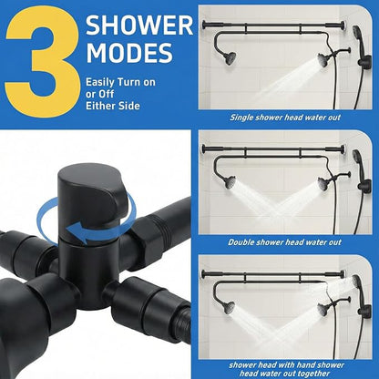 OURBAOFU Tandem Shower, Dual Shower Heads for Couples & Handheld head, Triple Shower Head System for Two People, High Pressure and Adjustable Double Shower Heads and Handheld Shower Head（Black)