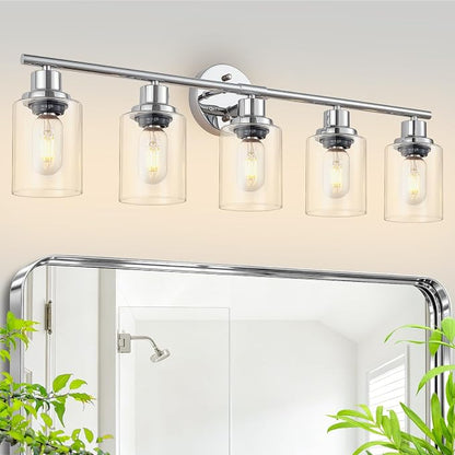 5-Light Bathroom Light Fixtures, Modern Chrome Vanity Lights for Bathroom with Clear Glass Shade, Wall Lamps for Mirror Hallway Kitchen Cabinet Living Room Sconces Lights
