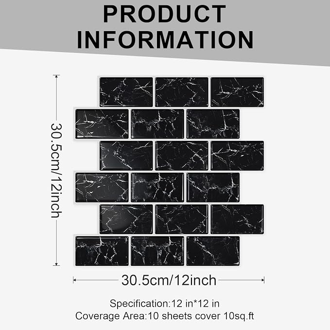 10 Sheets Thicker Design Peel and Stick Backsplash, 12"x12" Peel and Stick Wall Tiles, Subway Look Marble Tiles Backsplash for Kitchen and Bathroom, Black Marquina