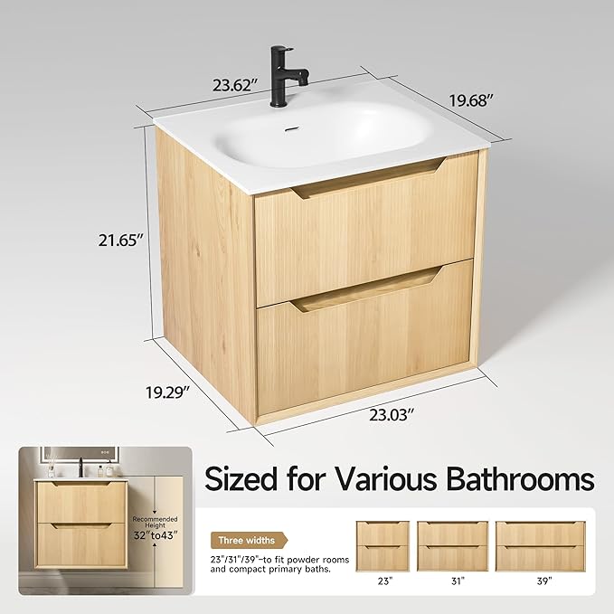 24" Japandi Floating Bathroom Vanity with Sink, Pre-Assembled Natural Oak Multi-Layer Solid Wood Bathroom Sink Vanity, Wall Mounted with Integrated Stone Top and 2 Soft Close Drawers