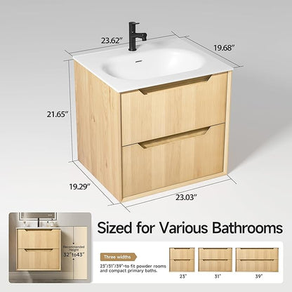 24" Japandi Floating Bathroom Vanity with Sink, Pre-Assembled Natural Oak Multi-Layer Solid Wood Bathroom Sink Vanity, Wall Mounted with Integrated Stone Top and 2 Soft Close Drawers