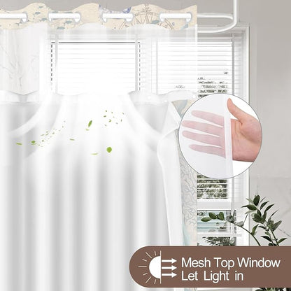 No Hook Shower Curtain and Liner Set, Retro Brown Beach Coastal 71x84 | Nautical Ocean for Bathroom, with Snap in Liner Replacement, Mesh Top Window, Waterproof, Machine Washable, Quick-Drying