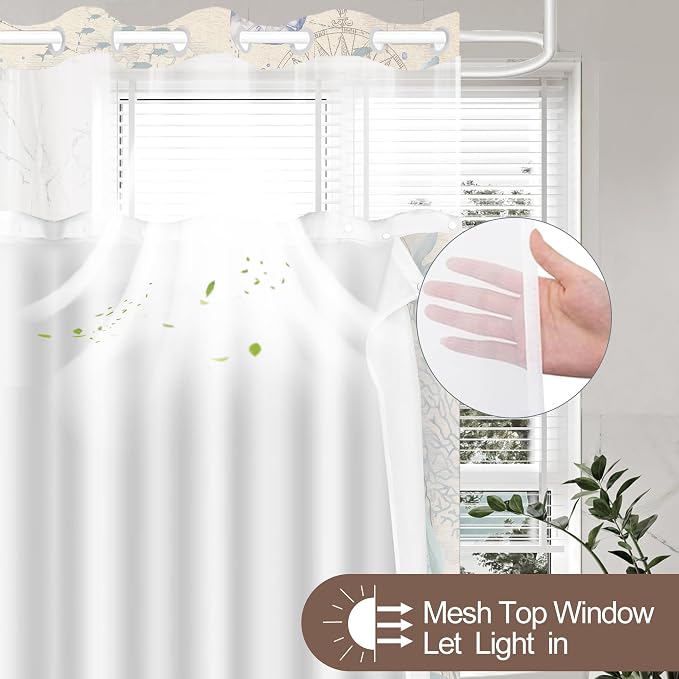 No Hook Shower Curtain and Liner Set, Retro Brown Beach Coastal 71x74 | Nautical Ocean for Bathroom, with Snap in Liner Replacement, Mesh Top Window, Waterproof, Machine Washable, Quick-Drying