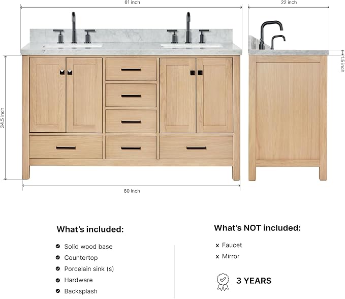 ARIEL Cambridge 60-inch Bathroom Vanity with Sink,Solid Wood, 1.5-inch Italian Carrara Marble Countertop, Double Rectangular Porcelain Sink, 4 Soft Closing Doors, 6 Dovetail Drawers, White Oak