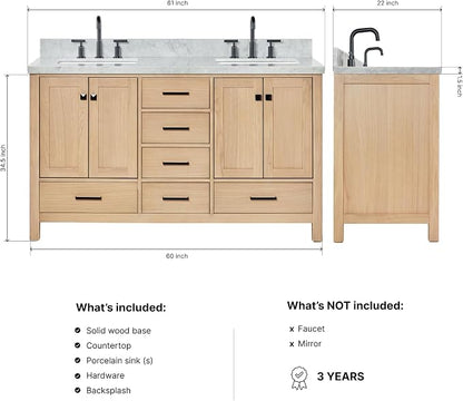 ARIEL Cambridge 60-inch Bathroom Vanity with Sink,Solid Wood, 1.5-inch Italian Carrara Marble Countertop, Double Rectangular Porcelain Sink, 4 Soft Closing Doors, 6 Dovetail Drawers, White Oak