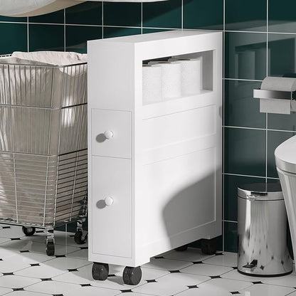 HOMCOM 6.25" x 20.5" x 28.25" Wood Rolling Narrow Bathroom Side Storage Cabinet - White