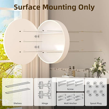 28 x 28 Inch Round Medicine Cabinet with Mirror,White Circular Bathroom Cabinet Wall Mounted,Metal Framed Mirror Medicine Cabinet with Adjustable Shelves for Bathroom Vanity