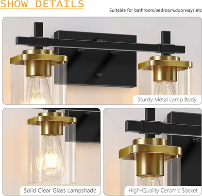 2-Lights Black and Gold Bathroom Light Over Mirror with Square Glass Shade and Metal Base, Gold Wall Vanity Lights for Bedroom, Stairs, Living Room, Hallway